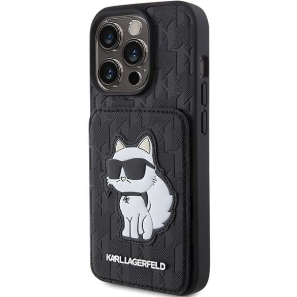 Karl Lagerfeld KLHCP15LSAKCNSCK iPhone 15 Pro 6.1" fekete keménytok Saffiano kártyatartóvalek és állvány Monogram Choupette