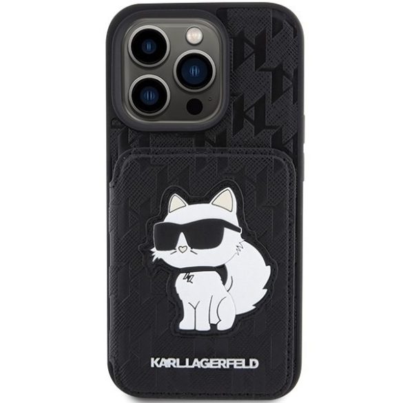 Karl Lagerfeld KLHCP15LSAKCNSCK iPhone 15 Pro 6.1" fekete keménytok Saffiano kártyatartóvalek és állvány Monogram Choupette