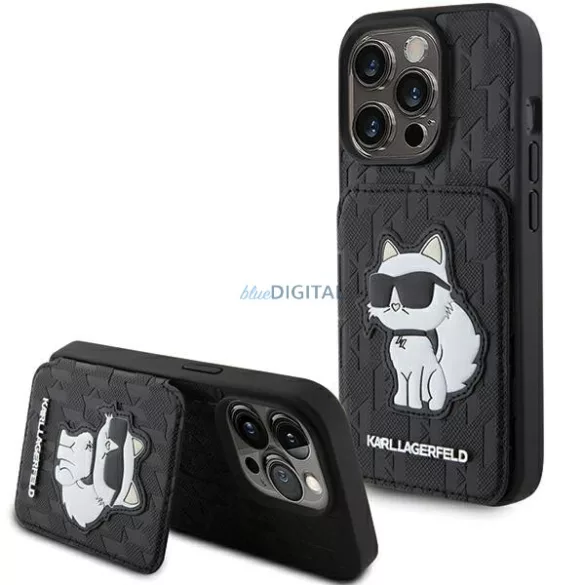Karl Lagerfeld KLHCP15XSAKCNSCK iPhone 15 Pro Max 6.7" fekete keménytok Saffiano kártyatartóvalek és állvány monogram Choupette