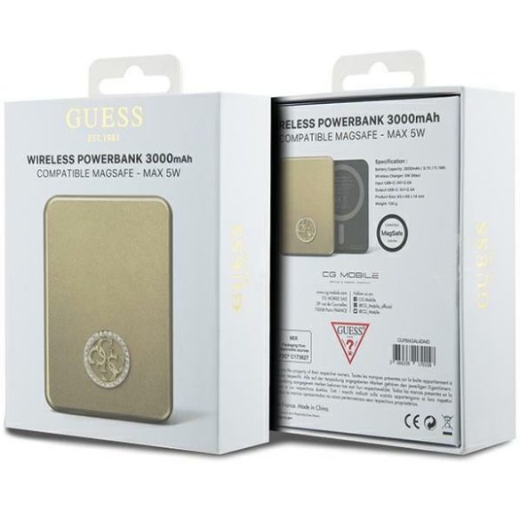 Guess Powerbank indukciós 5W GUPBM3AL4DMD 3000mAh arany MagSafe 4G Strassed fém logó