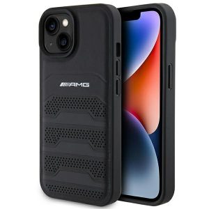 AMG AMHCP15SGSEBK iPhone 15 / 14 / 13 6.1" fekete keménytok bőr dombornyomott vonalakkal