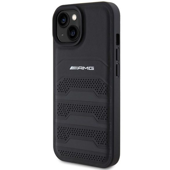 AMG AMHCP15SGSEBK iPhone 15 / 14 / 13 6.1" fekete keménytok bőr dombornyomott vonalakkal