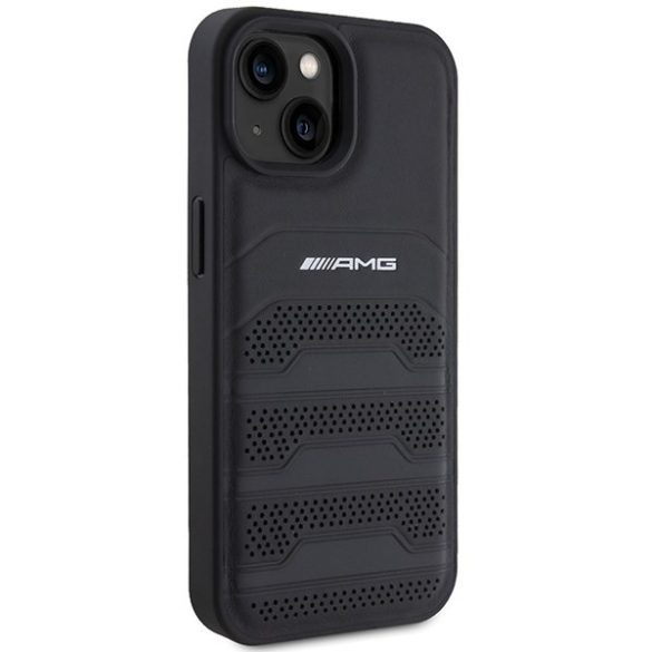 AMG AMHCP15SGSEBK iPhone 15 / 14 / 13 6.1" fekete keménytok bőr dombornyomott vonalakkal