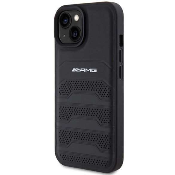 AMG AMHCP15MGSEBK iPhone 15 Plus / 14 Plus 6.7" fekete keménytok bőr dombornyomott vonalakkal