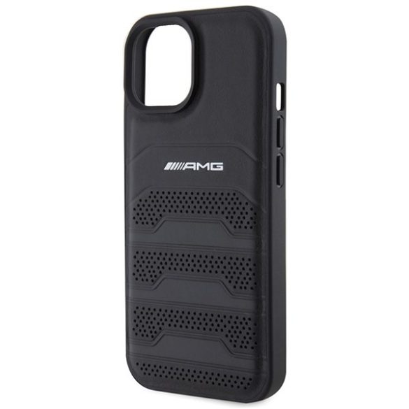 AMG AMHCP15MGSEBK iPhone 15 Plus / 14 Plus 6.7" fekete keménytok bőr dombornyomott vonalakkal