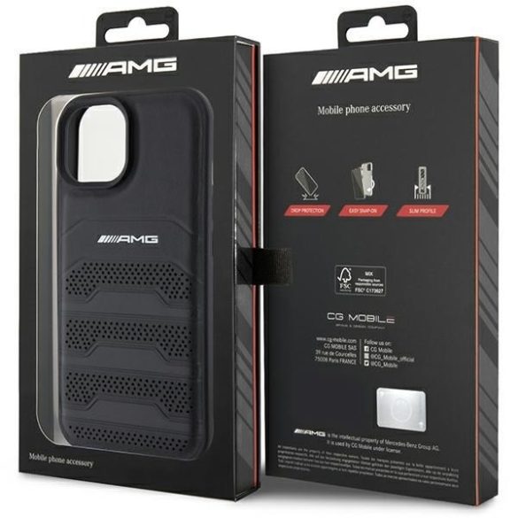 AMG AMHCP15MGSEBK iPhone 15 Plus / 14 Plus 6.7" fekete keménytok bőr dombornyomott vonalakkal