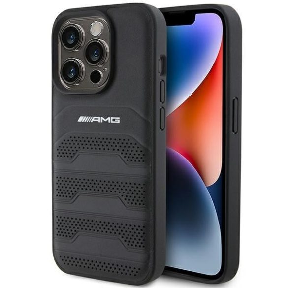 AMG AMHCP15LGSEBK iPhone 15 Pro 6.1" fekete bőr keménytok, bőr, dombornyomott vonalakkal