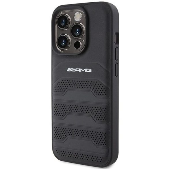 AMG AMHCP15LGSEBK iPhone 15 Pro 6.1" fekete bőr keménytok, bőr, dombornyomott vonalakkal