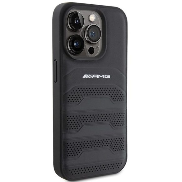 AMG AMHCP15LGSEBK iPhone 15 Pro 6.1" fekete bőr keménytok, bőr, dombornyomott vonalakkal