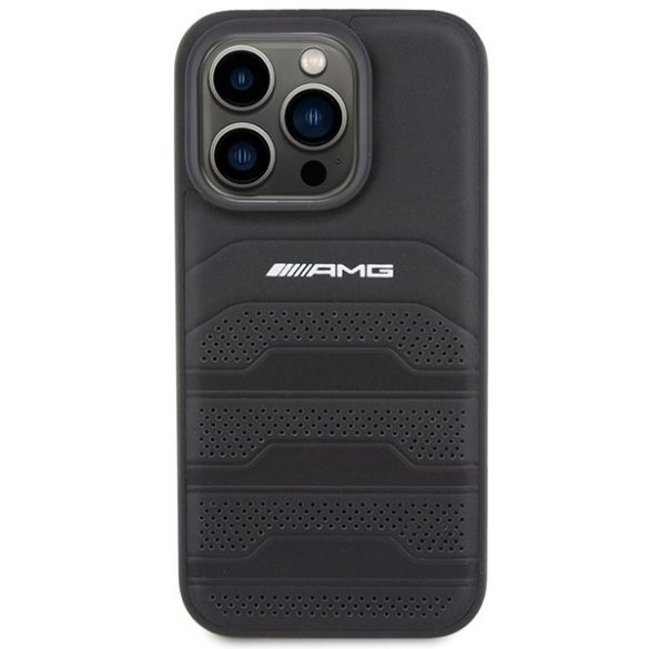 AMG AMHCP15XGSEBK iPhone 15 Pro Max 6.7" fekete bőr keménytok dombornyomott vonalakkal