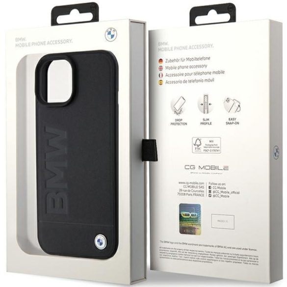 BMW BMHCP15SSLLBK iPhone 15 / 14 / 13 6.1" fekete bőr Hot Stamp tok