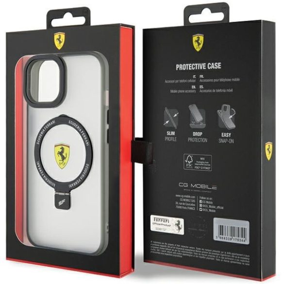 Ferrari FEHMP15MUSCAK iPhone 15 Plus / 14 Plus 6.7" fekete keménytok gyűrűs állvány 2023 Collection MagSafe