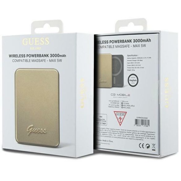 Guess Powerbank indukciós 5W GUPBM3ALGSGD 3000mAh arany MagSafe Metal Script Logo MagSafe Metal Script Logo