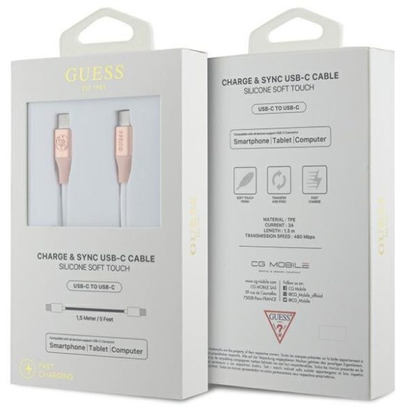 Guess GUCCLALRGDP Ebossed Logo Type-C - Type-C USB kábel 3A 1.5m - rózsaszín