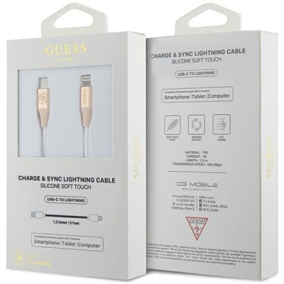 Guess GUCLLALRGDD Ebossed Logo Type-C - Lightning USB kábel 3A 1.5m - arany