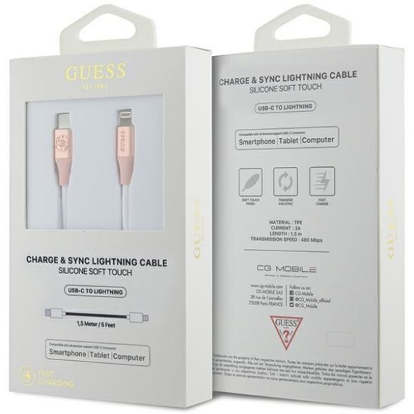 Guess GUCLLALRGDD Ebossed Logo Type-C - Lightning USB kábel 3A 1.5m - rózsaszín