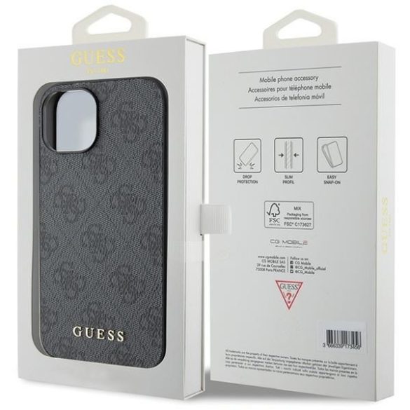 Guess GUHCP15SG4GFGR iPhone 15 / 14 / 13 6.1" szürke keménytok 4G fém arany logó