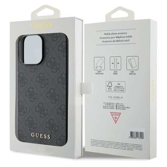 Guess GUHCP15LG4GFGR iPhone 15 Pro 6.1" szürke keménytok 4G fém arany logóval