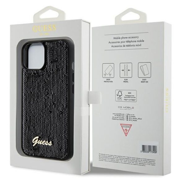 Guess GUHCP14SPSFDGSK iPhone 14 / 15 / 13 6.1" fekete keménytok Sequin Script Metal