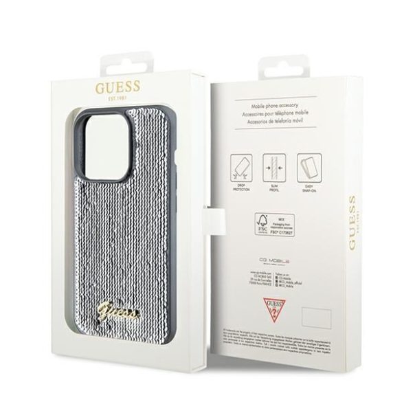 Guess GUHCP14XPSFDGSS iPhone 14 Pro Max 6.7" ezüst keménytok Sequin Script Metal