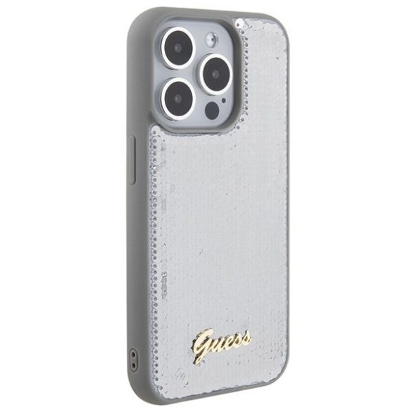 Guess GUHCP15LPSFDGSS iPhone 15 Pro 6.1" ezüst keménytok Sequin Script Metal