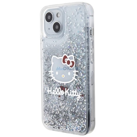 Hello Kitty HKHCP14SLIKHET iPhone 14 / 15 / 13 6.1" ezüst keménytok folyékony csillogó medál Kitty fej