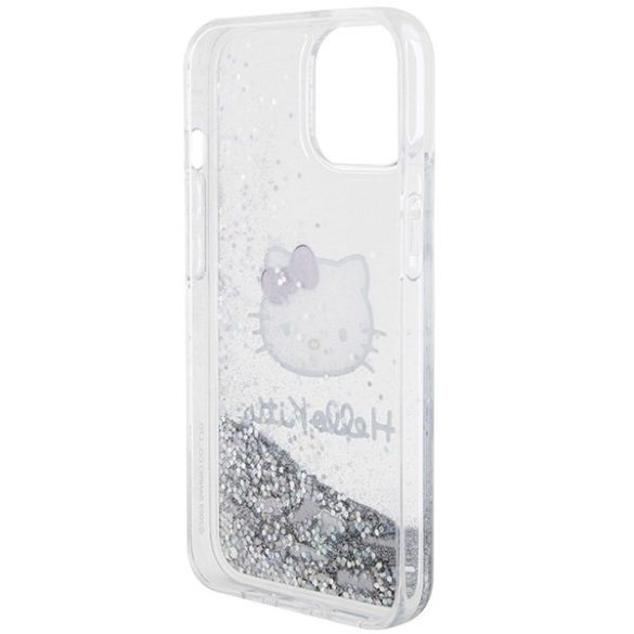 Hello Kitty HKHCP14SLIKHET iPhone 14 / 15 / 13 6.1" ezüst keménytok folyékony csillogó medál Kitty fej