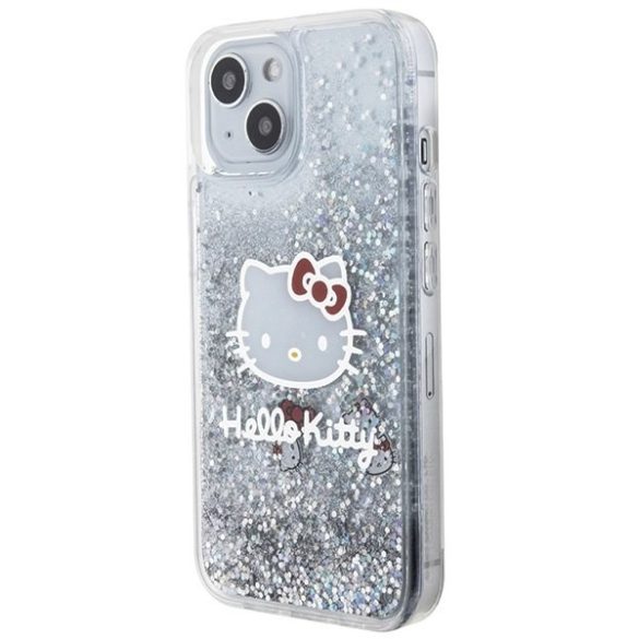Hello Kitty HKHCP15SLIKHET iPhone 15 / 14 / 13 6.1" ezüst keménytok folyékony csillogó medál Kitty Head