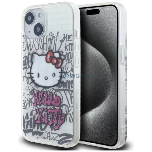 Hello Kitty HKHCP15SHDGPHT iPhone 15 6.1" ffehér keménytok IML Kitty On Bricks Graffiti