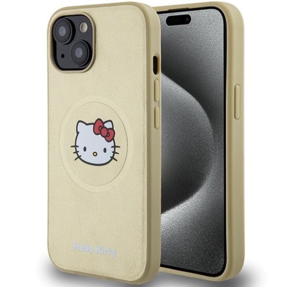 Hello Kitty HKHMP14SPGHCKD iPhone 14 / 15 / 13 6.1" arany keménytok bőr Kitty Head MagSafe