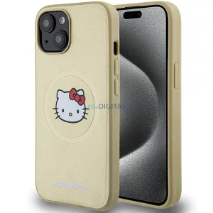 Hello Kitty HKHMP15SPGHCKD iPhone 15 6.1" arany keménytok bőr Kitty Head MagSafe