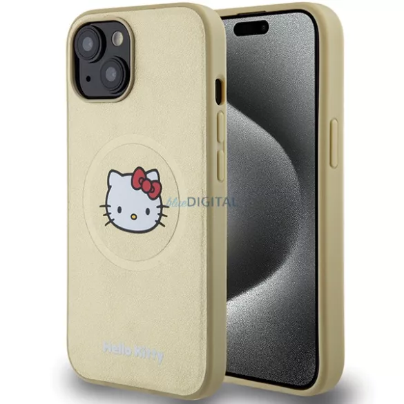 Hello Kitty HKHMP15SPGHCKD iPhone 15 6.1" arany keménytok bőr Kitty Head MagSafe