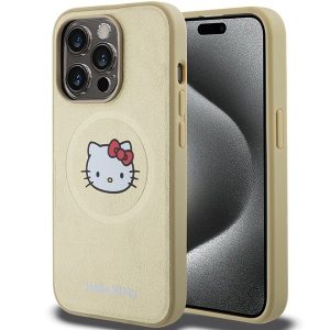 Hello Kitty HKHMP15LPGHCKD iPhone 15 Pro 6.1" arany keménytok bőr Kitty Head MagSafe