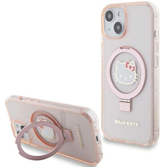 Hello Kitty HKHMP15SHRSGEP iPhone 15 / 14 / 13 6.1" rózsaszín keménytok gyűrűs állvány Glitter Electrop Logo MagSafe