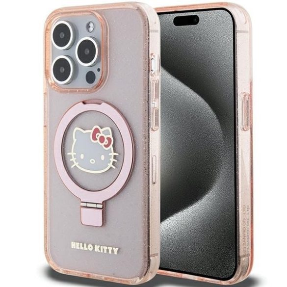 Hello Kitty HKHMP15LHRSGEP iPhone 15 Pro 6.1" rózsaszín keménytok gyűrűs állvány Glitter Electrop Logo MagSafe