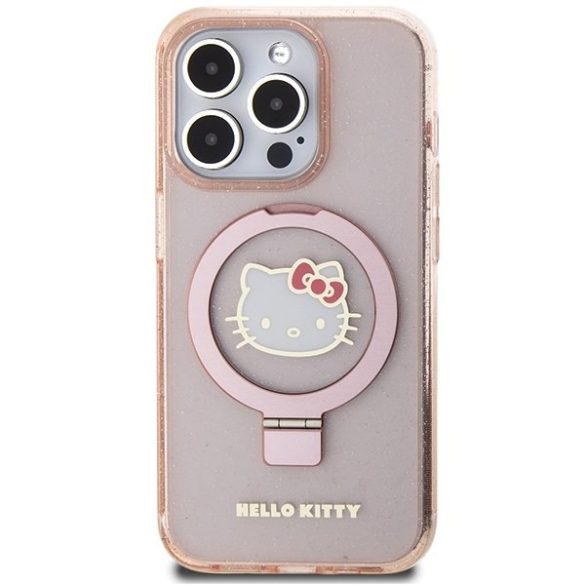 Hello Kitty HKHMP15LHRSGEP iPhone 15 Pro 6.1" rózsaszín keménytok gyűrűs állvány Glitter Electrop Logo MagSafe