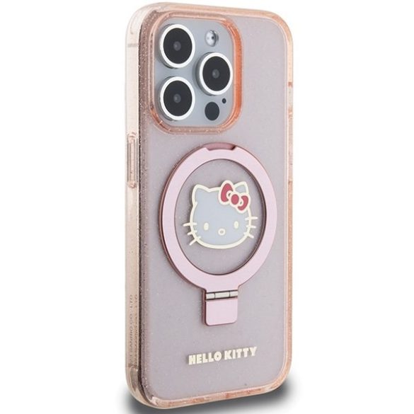 Hello Kitty HKHMP15LHRSGEP iPhone 15 Pro 6.1" rózsaszín keménytok gyűrűs állvány Glitter Electrop Logo MagSafe