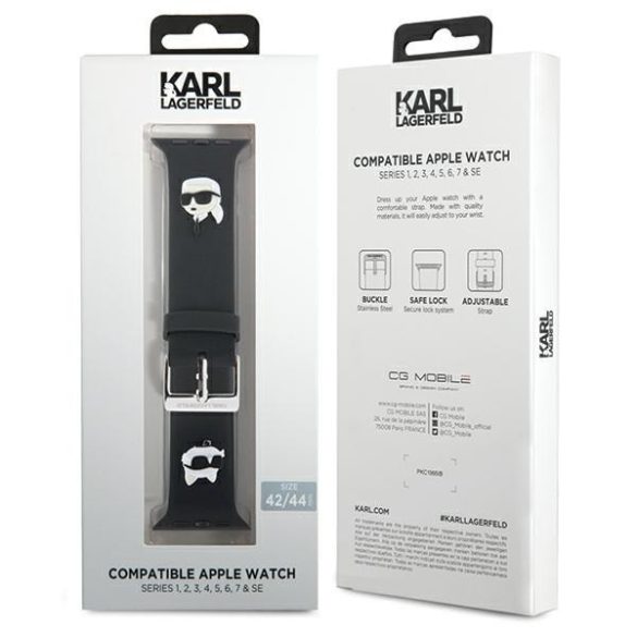 Karl Lagerfeld óraszíj KLAWLSLKCNK Apple Watch 42/44/45/49mm fekete szíj 3D gumi Karl&Choupette fejek