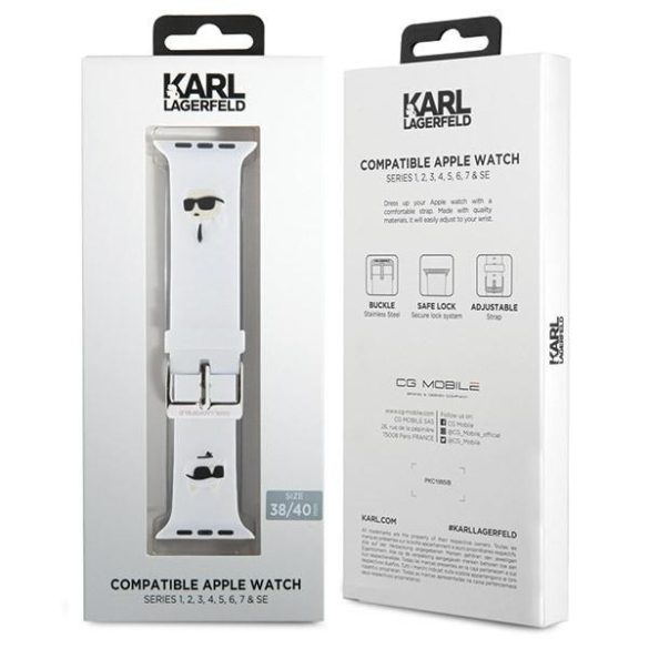 Karl Lagerfeld Pasek KLAWMSLKCNH Apple Watch 38/40/41mm fehér szíj 3D gumi Karl&Choupette fejek tok