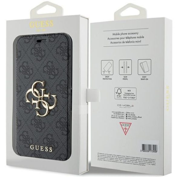 Guess GUBKP15S4GMGGR iPhone 15 / 14 / 13 6.1" szürke könyv 4G fém logó tok