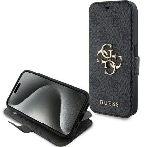 Guess GUBKP15X4GMGGR iPhone 15 Pro Max 6.7" szürke könyv 4G fém logó tok