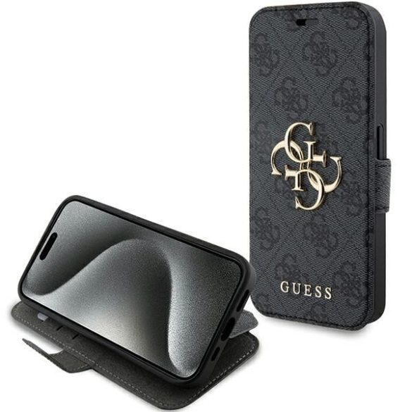 Guess GUBKP15X4GMGGR iPhone 15 Pro Max 6.7" szürke könyv 4G fém logó tok