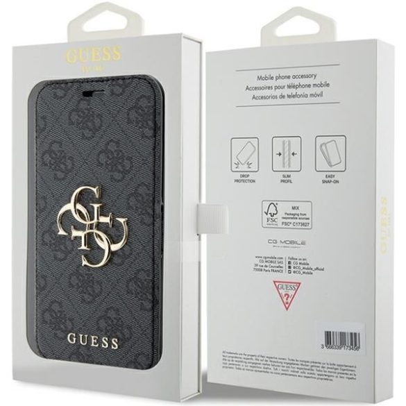 Guess GUBKP15X4GMGGR iPhone 15 Pro Max 6.7" szürke könyv 4G fém logó tok