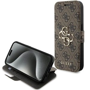 Guess GUBKP15X4GMGBR iPhone 15 Pro Max 6.7" barna könyv 4G fém logó tok