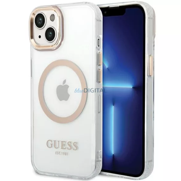 Guess GUHMP15MHTRMD Metal Outline MagSafe-kompatibilis tok iPhone 14 Plus/15 Plus - arany színű