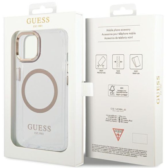 Guess GUHMP15MHTRMD Metal Outline MagSafe-kompatibilis tok iPhone 14 Plus/15 Plus - arany színű