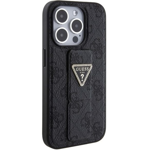 Guess GUHCP15LPGS4TDK iPhone 15 Pro 6.1" fekete keménytok Grip Stand 4G Triangle Strass