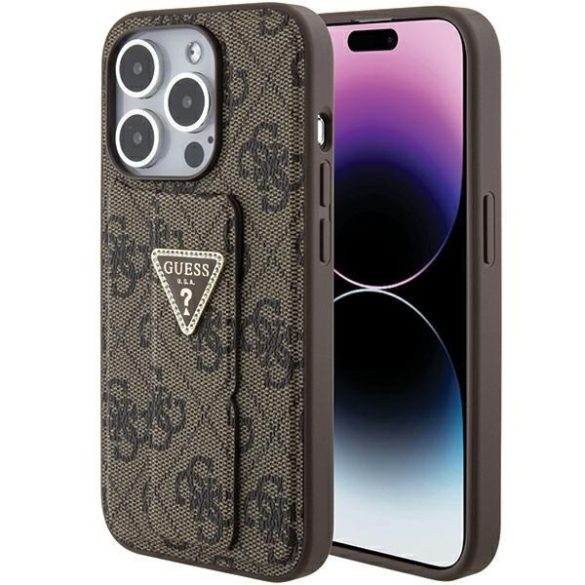 Guess GUHCP15LPGS4TDW iPhone 15 Pro 6.1" barna keménytok Grip Stand 4G Triangle Strass