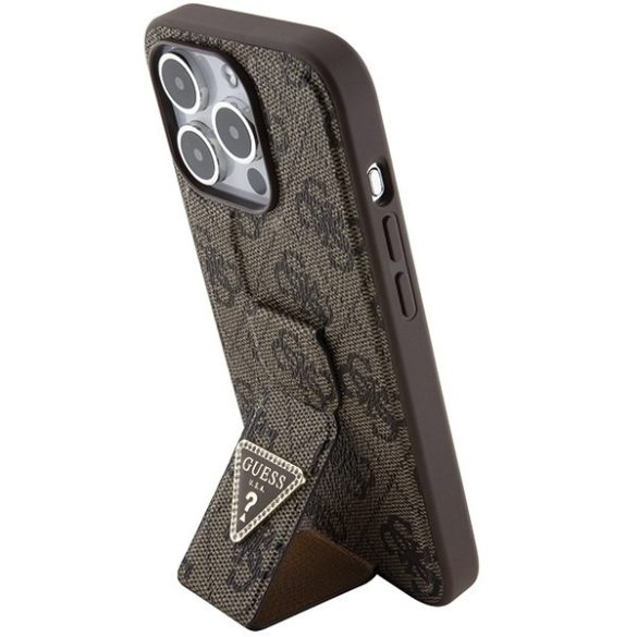 Guess GUHCP15LPGS4TDW iPhone 15 Pro 6.1" barna keménytok Grip Stand 4G Triangle Strass