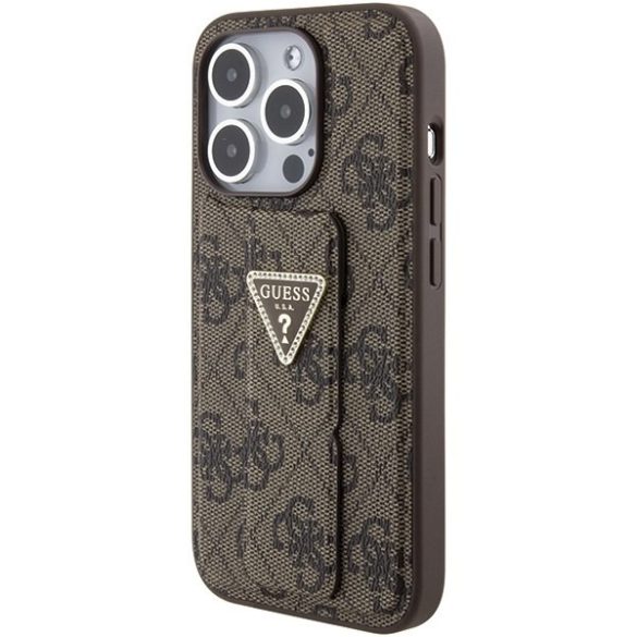 Guess GUHCP15LPGS4TDW iPhone 15 Pro 6.1" barna keménytok Grip Stand 4G Triangle Strass